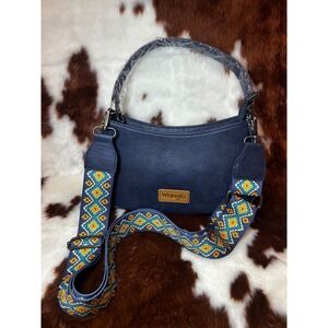 Wrangler Navy Blue Vegan Leather Southwestern Crossbody Hobo‎ Bag Guitar Strap